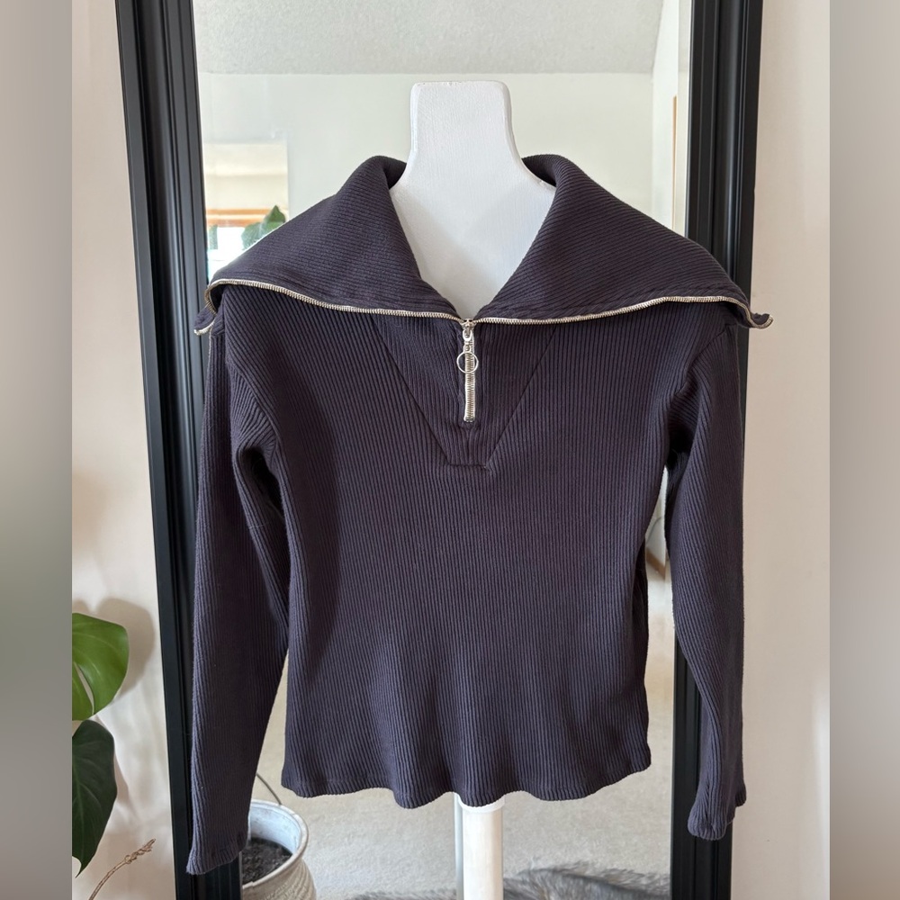 MONROW Charcoal Cable Knit 3/4 Zip Sweater